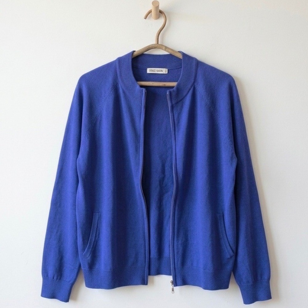 Grace Karin Blue Full Zip Cardigan‎ Sweater XL Mock Neck Viscose Blend Fine Knit